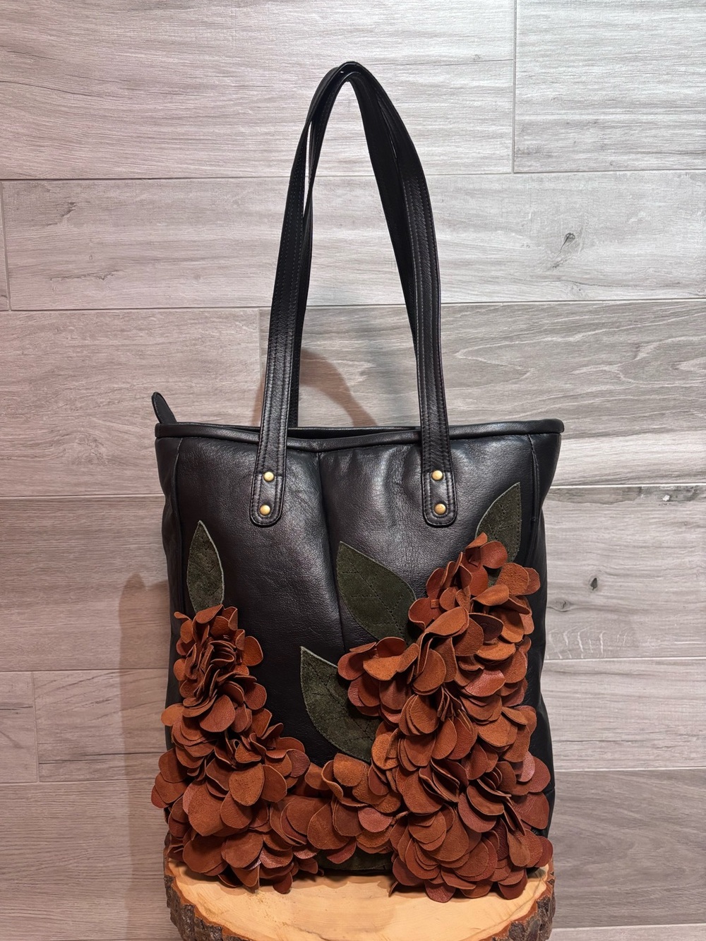 RutaHandbags Handmade Leather Floral Tote Bag | Artisan Leather Purse